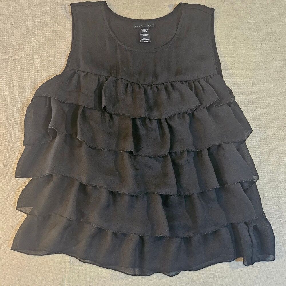 Apostrophe Black Tiered Ruffle Tank Top Chiffon Sleeveless Blouse XL